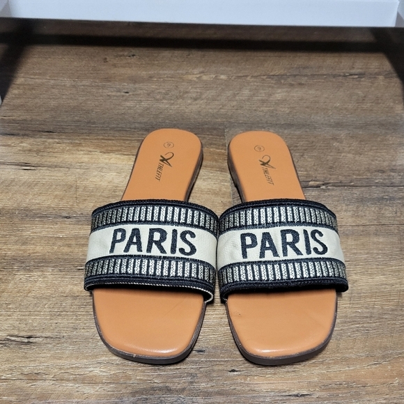Shoes - Athlefit Paris Slide Sandals with Black and Tan Straps Size 9